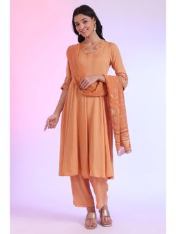 Aurelia - Women Orange Embroidered Anarkali Kurta with Palazzo and Dupatta (Set of 3)