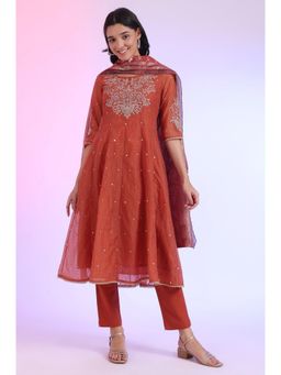 Aurelia - Women Brown Embroidered Anarkali Kurta with Pant and Dupatta (Set of 3)