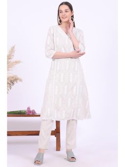 Aurelia - Women Beige Embroidered A-Line Kurta with Pant (Set of 2)