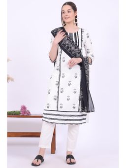 Aurelia - Women White Embroidered Cotton Blend Kurta with Pant and Dupatta (Set of 3)