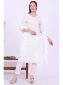 Aurelia - Women White Embroidered Pure Cotton A-Line Kurta with Pant and Dupatta (Set of 3)
