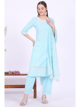Aurelia - Women Blue Embroidered Pure Cotton Straight Kurta with Pant and Dupatta (Set of 3)