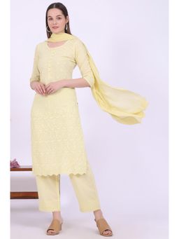 Aurelia - Women Yellow Embroidered Pure Cotton Straight Kurta with Pant and Dupatta (Set of 3)