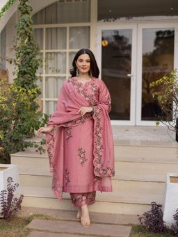 ASRUMO - Guldasta Pink Chanderi Kurta and Pant Matching Chanderi Dupatta (Set of 4)