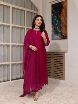 ASRUMO - Magenta Hand Block Chanderi Kurta and Pant with Dupatta (Set of 3)