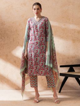 STYLEBAAZI - Women Teal Floral Kurta with Pant and Dupatta (Set of 3)