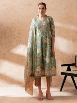 STYLEBAAZI - Women Green Floral Anarkali Kurta with Pant and Dupatta (Set of 3)