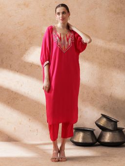 STYLEBAAZI - Women Pink Embroidered Kurta with Pant (Set of 2)