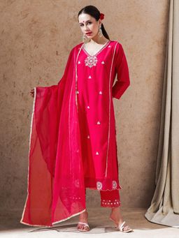 STYLEBAAZI - Women Pink Embroidered Kurta with Pant and Dupatta (Set of 3)