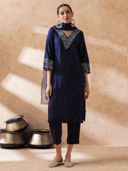 SHAHAD - Women Navy Blue Embroidered Kurta with Pant and Dupatta (Set of 3)