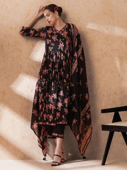 SHAHAD - Women Black Floral Anarkali Kurta with Pant and Dupatta (Set of 3)
