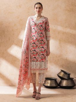 STYLEBAAZI - Women Pink Floral Kurta with Pant and Dupatta (Set of 3)