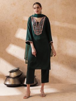 STYLEBAAZI - Women Green Embroidered Kurta with Pant and Dupatta (Set of 3)