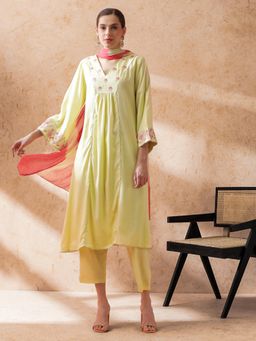 STYLEBAAZI - Women Yellow Embroidered Kurta with Pant and Dupatta (Set of 3)