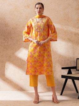 STYLEBAAZI - Women Yellow Floral Kurta with Pant and Dupatta (Set of 3)