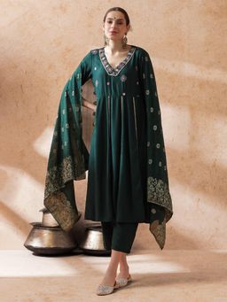 STYLEBAAZI - Women Green Embroidered Anarkali Kurta with Pant and Dupatta (Set of 3)