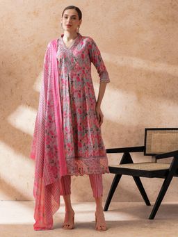 STYLEBAAZI - Women Pink Floral Anarkali Kurta with Pant and Dupatta (Set of 3)