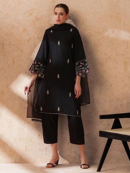 STYLEBAAZI - Women Black Embroidered Kurta with Pant and Dupatta (Set of 3)