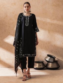 SHAHAD - Women Black Embroidered Kurta with Pant and Dupatta (Set of 3)