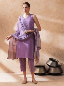 STYLEBAAZI - Women Purple Solid Kurta with Pant and Dupatta (Set of 3)