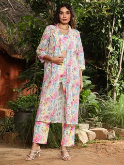 Qissa - Women Bubble Gum Pink and Ivory-White Bohemian Flora Co-Ord (Set of 2)