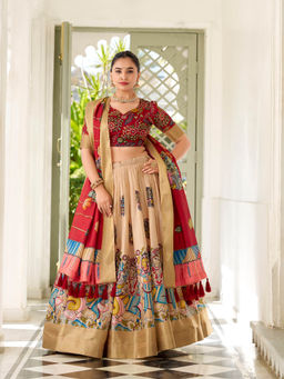 LooknBook Art - Cream Dola Kalamkari Print Lehenga with Unstitched Choli and Dupatta (Set of 3)