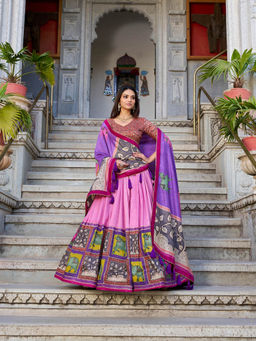 LooknBook Art - Pink Tussar Kalamkari Printed Lehenga with Unstitched Choli and Dupatta (Set of 3)
