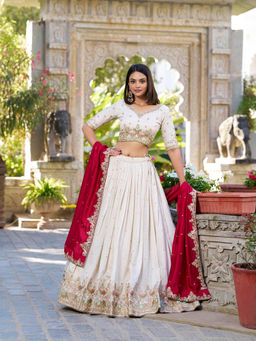 LooknBook Art - White Georgette Embroidery Lehenga with Unstitched Choli and Dupatta (Set of 3)