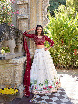 LooknBook Art - White Georgette Embroidery Lehenga with Unstitched Choli and Dupatta (Set of 3)