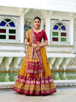 LooknBook Art - Mustard Tussar Patola Print Lehenga with Unstitched Choli and Dupatta (Set of 3)
