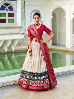 LooknBook Art - Off White Tussar Patola Print Lehenga with Unstitched Choli and Dupatta (Set of 3)