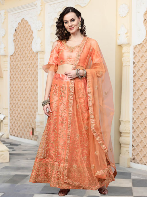 Chhabra 555 Peach Net Zari Semi Stitched Lehenga with Unstitched Choli and Dupatta (Set of 3)