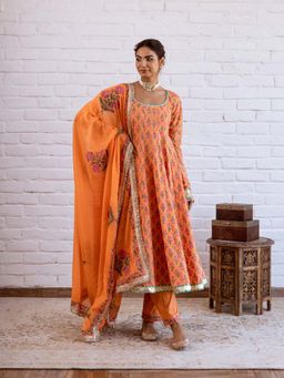 Hezal - Noorani Orange Pink Block Printed Anarkali Kurta With Palazzo And Dupatta (Set of 3)