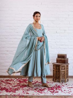 Hezal - Noorani Blue Anarkali Kurta With Palazzo And Dupatta (Set of 3)
