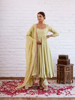 Hezal - Noorani Pista Green Anarkali Kurta With Palazzo And Dupatta (Set of 3)