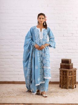 Hezal - Zoori Blue Embroidery Kurta With Palazzo And Dupatta (Set of 3)