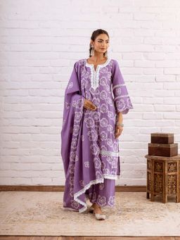 Hezal - Zoori Purple Embroidery Kurta With Palazzo And Dupatta (Set of 3)