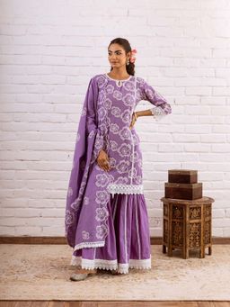 Hezal - Zoori Purple Embroidery Kurta With Sharara And Dupatta (Set of 3)