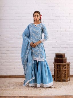 Hezal - Zoori Blue Embroidery Kurta With Sharara And Dupatta (Set of 3)