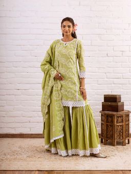 Hezal - Zoori Lime Green Embroidery Kurta With Sharara And Dupatta (Set of 3)