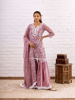 Hezal - Zoori Mauve Kota Doriya Embroidery Kurta With Sharara And Dupatta (Set of 3)