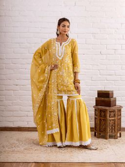 Hezal - Zoori Mustard Yellow Kota Doriya Embroidery Sharara With Kurta And Dupatta (Set of 3)
