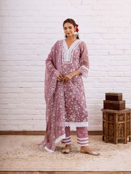 Hezal - Zoori Mauve Kota Doriya Embroidery Kurta With Pant And Dupatta (Set of 3)
