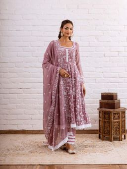 Hezal - Zoori Mauve Kota Doriya Embroidery Anarkali Kurta With Palazzo And Dupatta (Set of 3)
