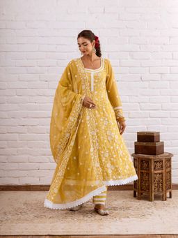 Hezal - Zoori Mustard Yellow Embroidery Anarkali Kurta With Palazzo And Dupatta (Set of 3)