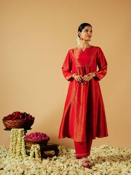 Tangerine by ASFA - Red Anarkali Kurta With Pant (Set of 2)