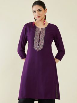 Soch - Women Purple Rayon Embroidered Kurta