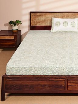 Fabindia - Green Cotton Printed Bedsheet with Pillow Cover (Single)
