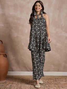 InWeave - Black Damask Print Halter Strap Kurta with Pant