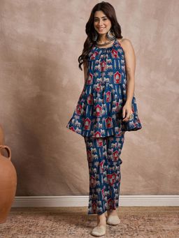 InWeave - Blue Red Animal Motif Halter Strap Kurta with Pant